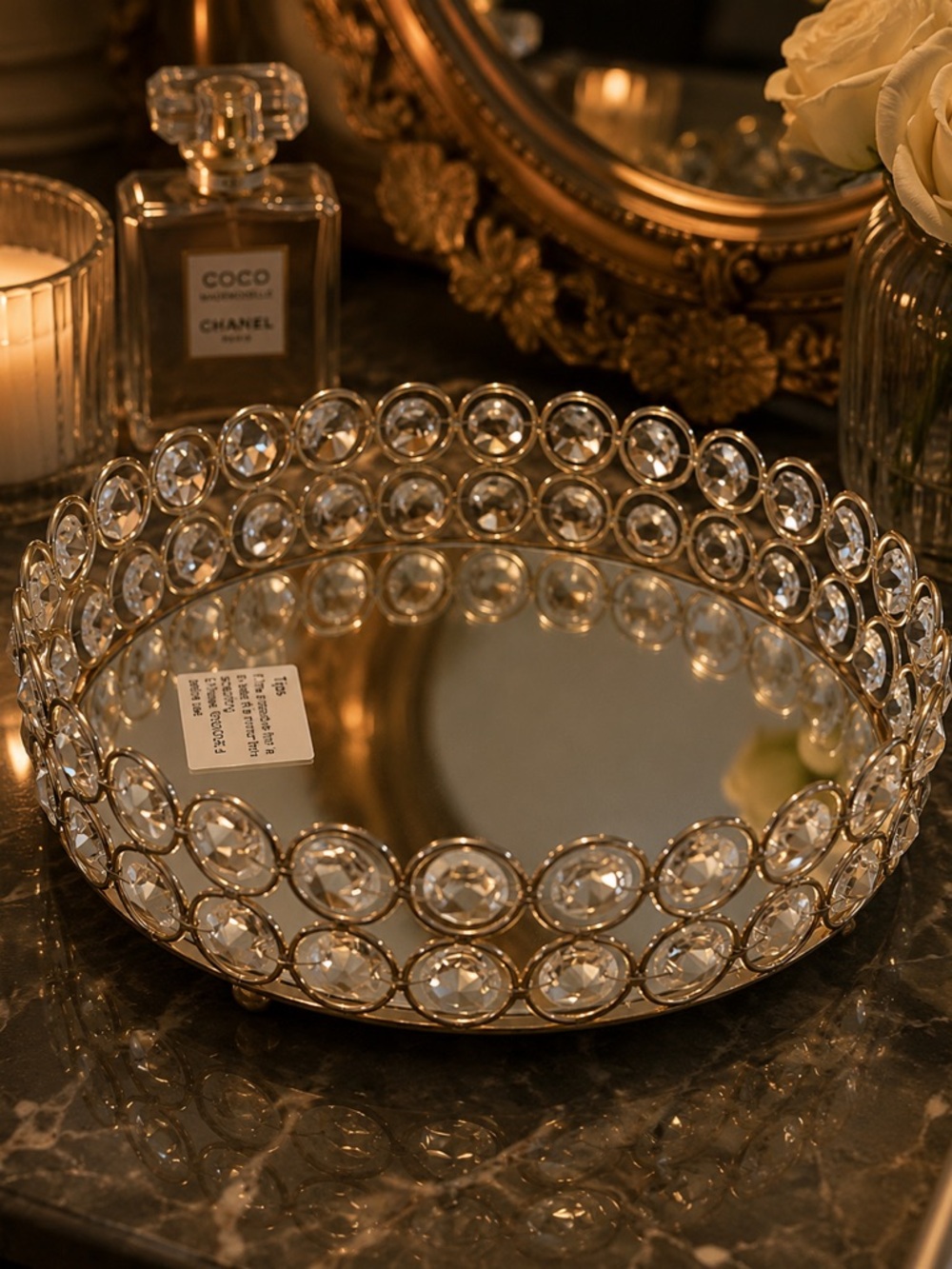 Elegant Crystal Mirror Decorative Tray has protective film on top of mirror